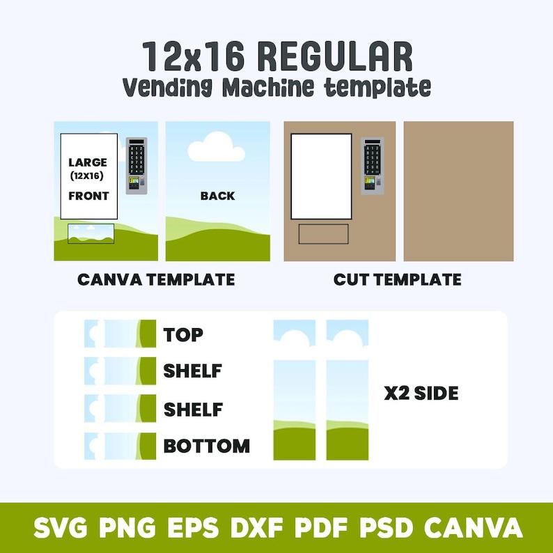 Puede incluir: Una plantilla de m&aacute;quina expendedora con el texto "12x16 REGULAR Vending Machine template". El dise&ntilde;o incluye plantillas frontal, trasera y de corte, junto con elementos de estante y laterales. La plantilla est&aacute; disponible en formatos SVG, PNG, EPS, DXF, PDF, PSD y Canva.