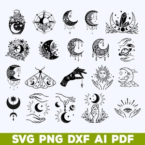 以下が含まれることがあります： 黒と白の天体テーマのイラストのコレクション。デザインには、三日月、星、手、クリスタル、蛾、太陽が含まれます。画像の下部には「SVG PNG DXF AI PDF」というテキストが表示されています。