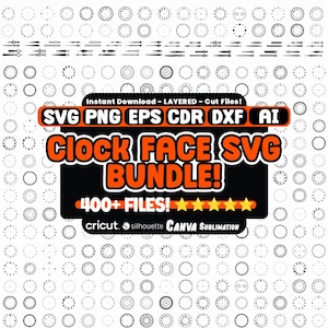 May include: A digital graphic featuring numerous clock faces and hands in a repeating pattern. A central black banner displays "CLOCK FACE SVG BUNDLE!" with file type icons and "400+ FILES!" in orange and white.