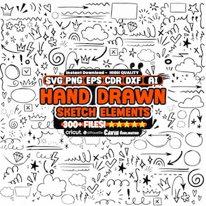 Puede incluir: Una colección de elementos de boceto dibujados a mano en negro, incluyendo flechas, coronas, estrellas, nubes, burbujas de diálogo y corazones. El texto central dice: Instant Download - HIGH QUALITY, SVG PNG EPS CDR DXF AI, HAND DRAWN SKETCH ELEMENTS, 300+ FILES!