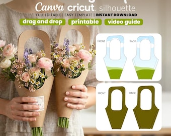 Plantilla para bolsa de flores de papel, ramo de flores Kraft, plantilla para portaflores, plantilla para envoltorios de ramos, archivos digitales, SVG para Cricut, Canva