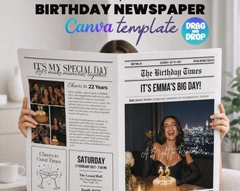 Editable Birthday Newspaper Template, The Birthday Newspaper Canva Template, Newspaper Invite, Instant Download