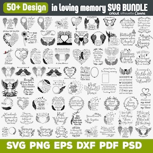 May include: A digital SVG bundle featuring over 50 designs with the theme of remembrance. The collection includes angel wings, hearts, and inspirational quotes. The designs are suitable for use with Cricut, Silhouette, and Canva.