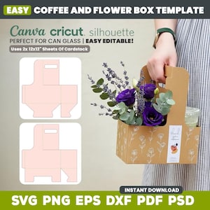 May include: A brown cardboard coffee and flower box template with a handle, holding a bouquet of purple flowers and a drink. The template is designed for Canva, Cricut, and Silhouette machines. The text on the box says "thank you".