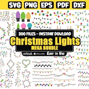 Puede incluir: Una colección de diseños de luces navideñas en varios estilos y colores, incluyendo guirnaldas, coronas y bombillas individuales. La imagen incluye el texto "Christmas Lights MEGA BUNDLE" y "300 FILES - INSTANT DOWNLOAD".