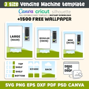 Könnte beinhalten: Eine Vorlage für einen Verkaufsautomaten in drei Größen: Groß (40,6x50,8 cm), Normal (30,5x40,6 cm) und Mini (20,3x25,4 cm). Das Design umfasst eine digitale Tastatur, einen Produktanzeigebereich und eine grüne Landschaft. Kompatibel mit Canva, Cricut und Silhouette.
