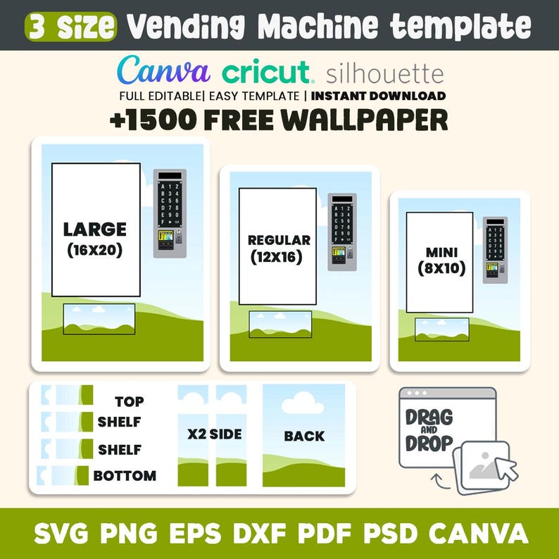 Puede incluir: Una plantilla de m&aacute;quina expendedora en tres tama&ntilde;os: Grande (40,6x50,8 cm), Regular (30,5x40,6 cm) y Mini (20,3x25,4 cm). El dise&ntilde;o incluye un teclado digital, un &aacute;rea de exhibici&oacute;n de productos y un paisaje verde. Compatible con Canva, Cricut y Silhouette.