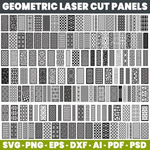 Könnte beinhalten: Eine Sammlung geometrischer Laser-Cut-Panel-Designs in Schwarz und Weiß. Die Paneele weisen verschiedene Muster auf, darunter florale, geometrische und abstrakte Formen. Das Bild enthält den Text "GEOMETRIC LASER CUT PANELS" und Dateiformatoptionen: SVG, PNG, EPS, DXF, AI, PDF und PSD.