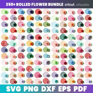 Puede incluir: Una colección de más de 350 diseños de flores enrolladas en varios colores, incluyendo rojo, rosa, azul y verde. La imagen incluye el texto "350+ ROLLED FLOWER BUNDLE" y opciones de tipo de archivo: SVG, PNG, DXF, EPS y PDF.