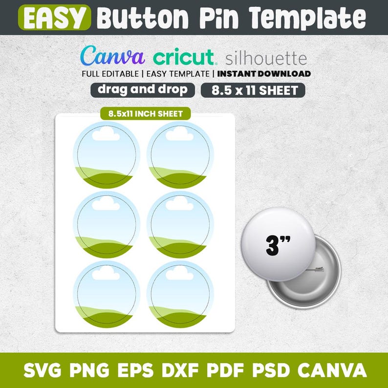 8 Button Pin Template, 1 - 2 - 3 Inch Button Press Template, Button Pin ...