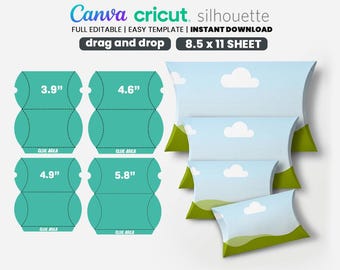 Plantilla SVG de 4 tamaños de cajas tipo almohada, Canva Pillow Box, Cajas tipo almohada para regalo, Caja para obsequios, Caja de regalo, Archivos digitales, Descarga instantánea