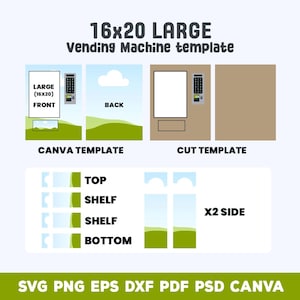 Puede incluir: Una plantilla digital para una m&aacute;quina expendedora de 16x20 pulgadas (aproximadamente 40x50 cm), con plantillas frontal, trasera y de corte. Incluye secciones para la parte superior, estantes e inferior, con "X2 SIDE" indicado. El dise&ntilde;o es una "CANVA TEMPLATE".