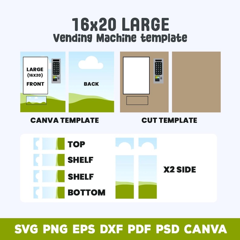 Puede incluir: Una plantilla digital para una m&aacute;quina expendedora de 16x20 pulgadas (aproximadamente 40x50 cm), con plantillas frontal, trasera y de corte. Incluye secciones para la parte superior, estantes e inferior, con "X2 SIDE" indicado. El dise&ntilde;o es una "CANVA TEMPLATE".