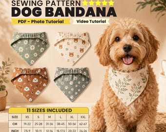 Dog Bandana Sewing Pattern, Elastic Dog Bandana Sewing Pattern, XS-XXL, Reversible Scrunchie Pet Bandana, Video Tutorial, Instant Download