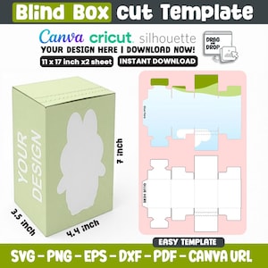 Może przedstawiać: Jasnozielony szablon do wycinania pudełka typu blind box z białą sylwetką królika i napisem "YOUR DESIGN". Pudełko ma 17,8 cm wysokości, 11,2 cm szerokości i 8,9 cm głębokości. Zawiera szablon do wycinania i napis "Canva cricut silhouette".