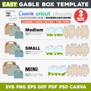 Könnte beinhalten: Ein Bild mit einer Gable-Box-Vorlage in drei Größen: mittel, klein und mini. Die mittlere Box misst 15,7 x 9,9 x 11,7 cm. Die kleine Box misst 11,2 x 7,1 x 8,4 cm. Die Mini-Box misst 7,9 x 5,1 x 6,1 cm. Kompatibel mit Canva, Cricut und Silhouette.