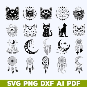 以下が含まれることがあります： 黒と白のイラストのコレクション。猫、月、ドリームキャッチャー、天体のデザインが特徴です。画像の下部には「SVG PNG DXF AI PDF」というテキストがあり、ファイル形式を示しています。