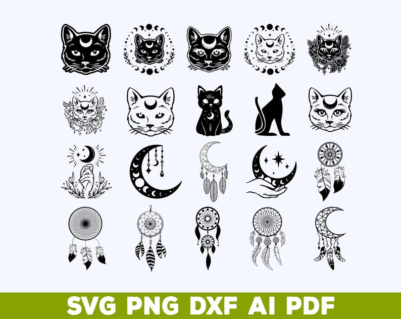 以下が含まれることがあります： 黒と白のイラストのコレクション。猫、月、ドリームキャッチャー、天体のデザインが特徴です。画像の下部には「SVG PNG DXF AI PDF」というテキストがあり、ファイル形式を示しています。