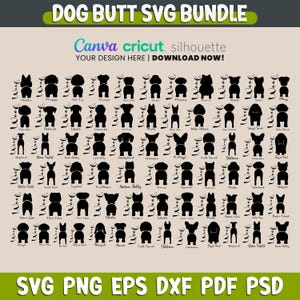 May include: A digital download graphic bundle featuring various dog butt silhouettes. The black silhouettes are arranged in rows and columns, with the word "Woof" above each dog. The text "DOG BUTT SVG BUNDLE" is at the top, with "SVG PNG EPS DXF PDF PSD" at the bottom.