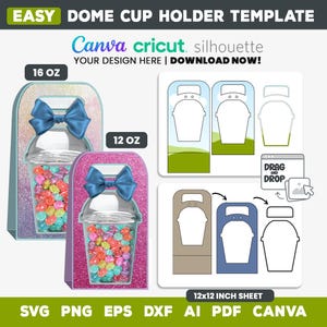 Puede incluir: Una plantilla digital para portavasos de cúpula, con diseños para vasos de 16 oz y 12 oz. La imagen incluye un portavasos rosa y azul brillante con un lazo, y contornos para cortar con máquinas Cricut y Silhouette. Texto: "Easy Dome Cup Holder Template".
