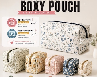 5 Sizes Boxy Bag Sewing Patterns, Makeup Bag Pattern, Accessory Bag Sewing Pattern, Video Tutorial, Instant Download