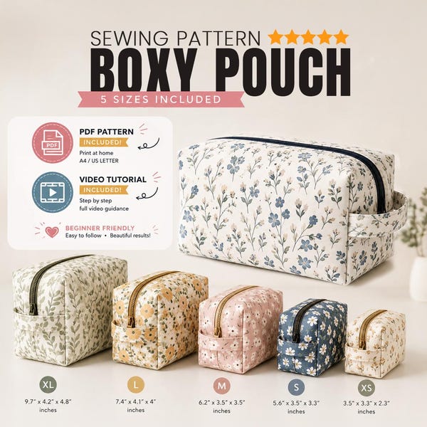 5 Sizes Boxy Bag Sewing Patterns, Makeup Bag Pattern, Accessory Bag Sewing Pattern, Video Tutorial, Instant Download