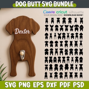 Peut inclure: Un porte-clés en bois en forme de derrière de chien avec le nom "Dexter" et un crochet en métal. L'image présente également une collection de silhouettes de chiens et le texte "DOG BUTT SVG BUNDLE" et "Canva cricut silhouette".
