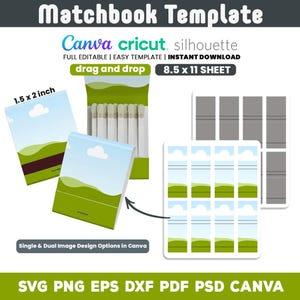 May include: Matchbook template design with the text "Canva cricut silhouette". The image shows a matchbook with a landscape design, measuring 3.8 x 5.1 cm, and a sheet of matchbook templates. The text "drag and drop" is also visible.