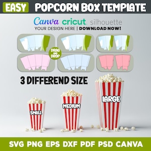 以下が含まれることがあります： 「EASY POPCORN BOX TEMPLATE」のテキストが入ったポップコーンボックスのテンプレート画像。ポップコーンが詰まった、小、中、大の3つのサイズのポップコーンボックスが特徴です。テンプレートはCanva、Cricut、Silhouetteに対応しています。