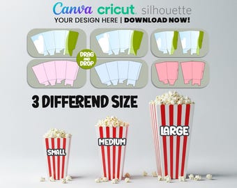 3 Size Popcorn Box Template, Small - Medium - Large Popcorn Box, Popcorn Box Svg, Canva Template, Svg For Cricut, Popcorn Bags, Download Now