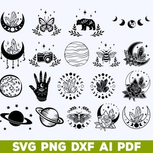 以下が含まれることがあります： 黒と白の天体テーマのイラストのコレクション。デザインには、三日月、クリスタル、クマ、蝶、カメラ、目のある手、惑星、蜂、蛾が含まれます。「SVG PNG DXF AI PDF」というテキストが下にあります。