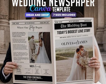 7 Size Wedding Newspaper Template, Wedding Newsletter Canva, Wedding Newsletter Template, Wedding Times, Wedding Gift, Canva Template