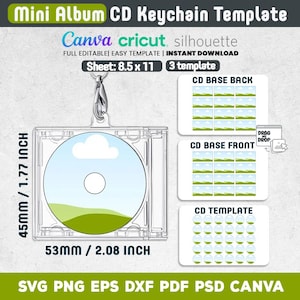 Puede incluir: Plantilla de llavero de mini álbum de CD transparente con un diseño de paisaje en el CD. El llavero mide 4,5 cm de alto y 5,3 cm de ancho. Incluye plantillas para la parte delantera y trasera de la base del CD y la plantilla de CD. Texto: Mini Album CD Keychain Template.