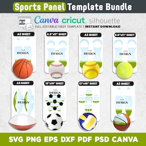 Peut inclure: Ensemble de modèles de panneaux sportifs avec des ballons de basket-ball, de baseball, de softball, de tennis, de rugby, de football et de volley-ball. Les modèles sont disponibles en différents formats et tailles, avec le texte "YOUR DESIGN" sur chaque modèle.