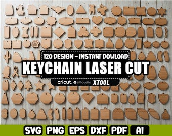 Paquete de llaveros cortados con láser, 120 archivos de diseño para llaveros cortados con láser, plantillas de corte Glowforge para llaveros, llaveros SVG, archivos Xtool, Cricut