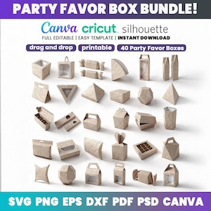 May include: A collection of 40 party favor boxes in various shapes and sizes, made from light brown paper. The image includes text that reads "PARTY FAVOR BOX BUNDLE!" and "Canva cricut silhouette". The boxes are designed for easy template use.