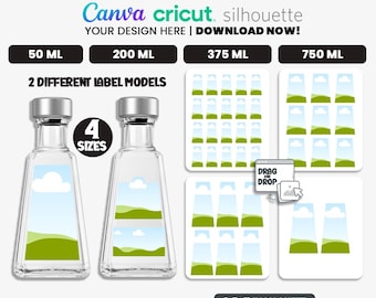 Plantilla para botella de tequila de 1800 ml (4 tamaños), plantilla para etiqueta de botella de tequila (mini, 50 ml, 200 ml, 375 ml y 750 ml).