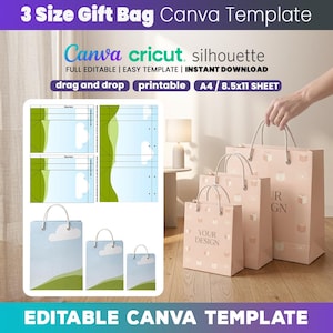 May include: A template for 3-size gift bags, featuring a Canva design. The image shows a design layout and three pink gift bags with white handles. The bags have a repeating gift box pattern and the text "YOUR DESIGN". The template is full editable and printable.