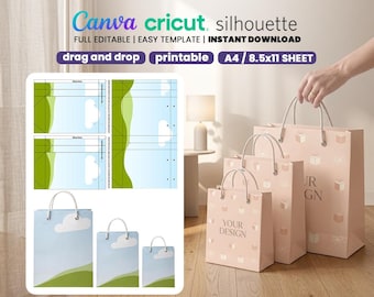 Paquete de plantillas para bolsas de regalo, plantilla de Canva para bolsas de regalo de papel, bolsa personalizada en 3 tamaños (pequeña, mediana y grande), bolsa imprimible, embalaje, archivos digitales.