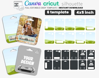 May include: A digital money holder card template with the text "MONEY HOLDER CARD TEMPLATE". The template includes designs for Canva, Cricut, and Silhouette. The cards are 4x5 inches and include the text "YOUR DESIGN". The image also includes the text "SVG PNG EPS DXF PDF PSD CANVA".