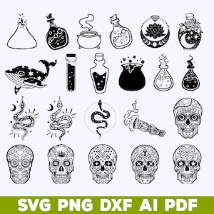以下が含まれることがあります： 様々な神秘的でオカルトなシンボルの白黒デジタルイラスト。ポーションボトル、大釜、クジラ、ヘビ、スマッジスティック、シュガースカルが含まれています。下部のテキストは「SVG PNG DXF AI PDF」と表示されています。