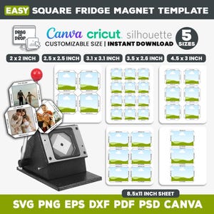 Puede incluir: Una plantilla para imanes de nevera cuadrados con el texto "EASY SQUARE FRIDGE MAGNET TEMPLATE". El diseño incluye varios tamaños: 5,08x5,08 cm, 6,35x6,35 cm, 7,87x7,87 cm, 8,89x6,60 cm y 11,43x7,62 cm. Compatible con Canva, Cricut y Silhouette.