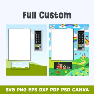 Puede incluir: Dos plantillas de arte digital con un espacio rectangular blanco para personalizaci&oacute;n. Una tiene un paisaje verde simple, la otra una escena de dibujos animados colorida con un arco&iacute;ris, un tren y un castillo. El texto "Full Custom" est&aacute; en la parte superior.