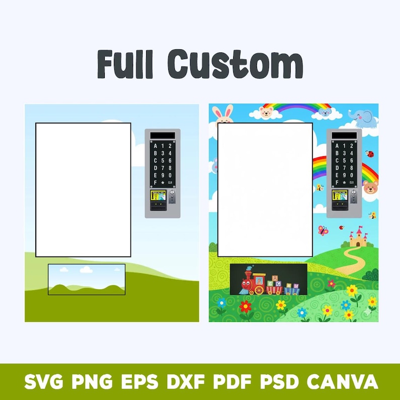 Puede incluir: Dos plantillas de arte digital con un espacio rectangular blanco para personalizaci&oacute;n. Una tiene un paisaje verde simple, la otra una escena de dibujos animados colorida con un arco&iacute;ris, un tren y un castillo. El texto "Full Custom" est&aacute; en la parte superior.