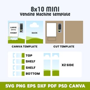 Puede incluir: Una plantilla digital para una mini m&aacute;quina expendedora, con vistas frontal, trasera y lateral, etiquetada como "CANVA TEMPLATE" y "CUT TEMPLATE". El dise&ntilde;o incluye un panel de control y un paisaje. La plantilla mide 20,32 x 25,4 cm e incluye formatos SVG, PNG, EPS, DXF, PDF, PSD y CANVA.