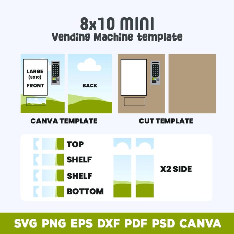 Puede incluir: Una plantilla digital para una mini m&aacute;quina expendedora, con vistas frontal, trasera y lateral, etiquetada como "CANVA TEMPLATE" y "CUT TEMPLATE". El dise&ntilde;o incluye un panel de control y un paisaje. La plantilla mide 20,32 x 25,4 cm e incluye formatos SVG, PNG, EPS, DXF, PDF, PSD y CANVA.
