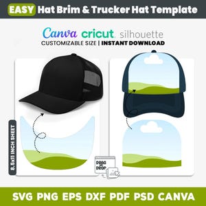Könnte beinhalten: Eine schwarze Trucker-Hut-Vorlage mit Mesh-Rückseite und Krempe sowie ein blau-weißes Hutdesign. Das Bild enthält den Text "EASY Hat Brim & Trucker Hat Template" und "Canva cricut silhouette". Die Vorlage ist für ein Blatt von 21,6 x 27,9 cm.