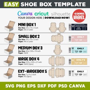 May include: A template for shoe boxes with various sizes, including Mini, Small, Medium, Large, and Extra-Large. Each box size is detailed with dimensions in inches and paper size requirements. The image also includes labels and instructions for use.