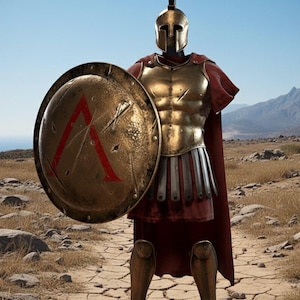 May include: A Spartan warrior in gold armour, holding a round shield with a red lambda symbol. The warrior wears a gold helmet, chest plate, and greaves, with a red cape. The background shows a dry, rocky landscape under a blue sky.