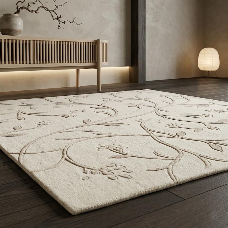 May include: A rectangular area rug in a light cream color featuring a raised, tone-on-tone botanical pattern of winding vines, leaves, and small flowers. The rug has a textured surface with a low pile and is positioned on a dark wood floor.